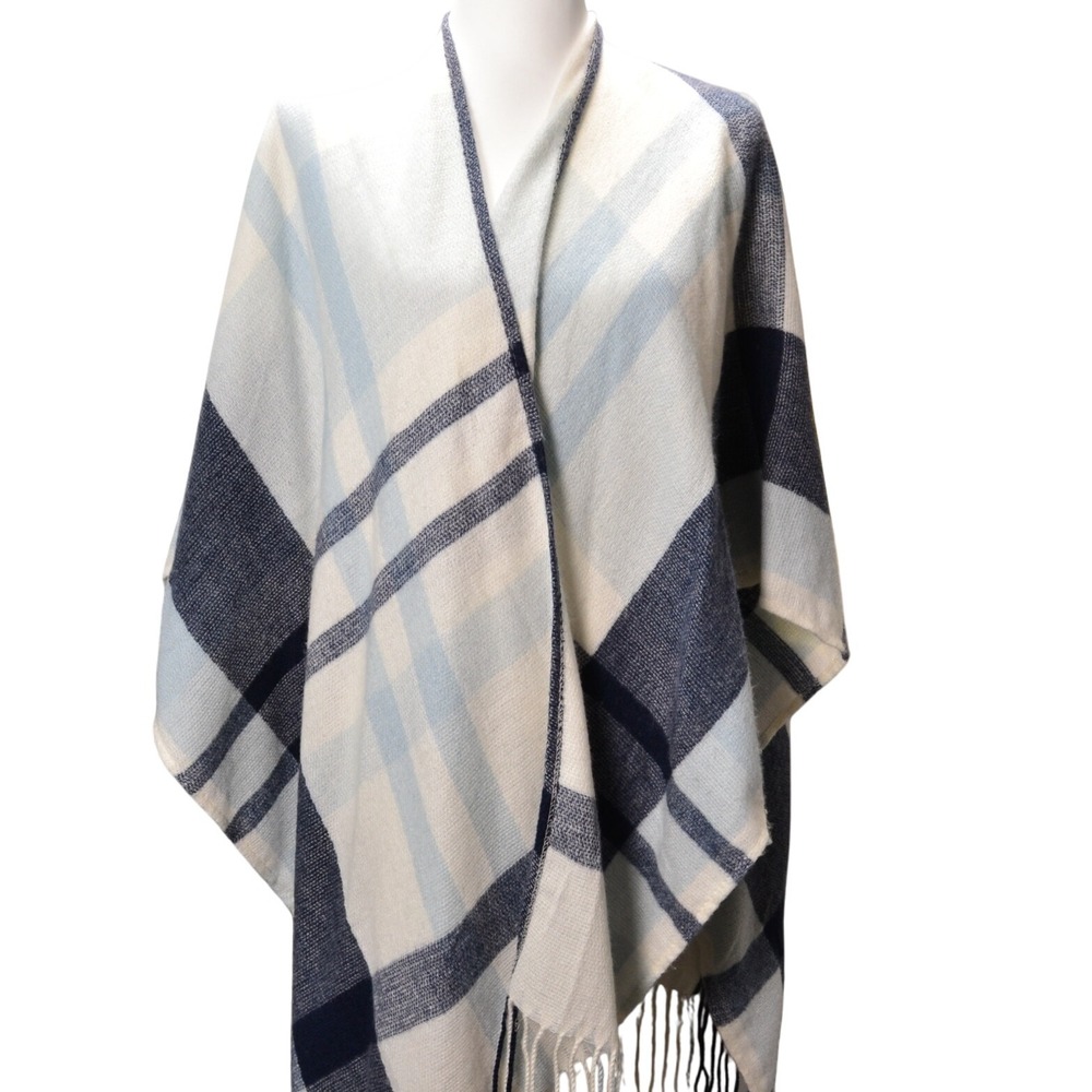 Banana Republic One Size Blue White Plaid Ruana Wrap Poncho Cape Cover Up Travel